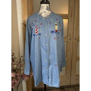 Quacker Factory Vintage Embroidered Nautical Denim Long Sleeve Button Down Sz 1X